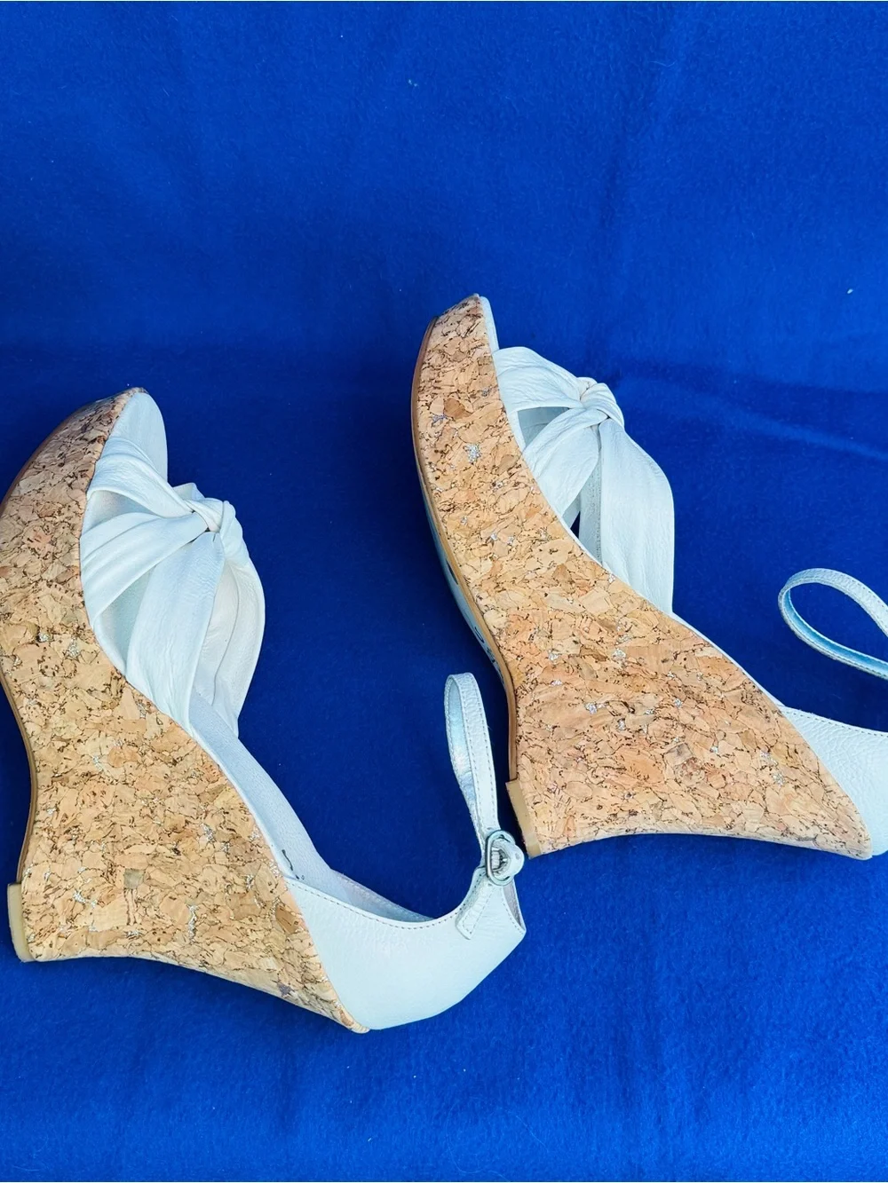 BCBG White Knot Front Cork Wedge Sandals